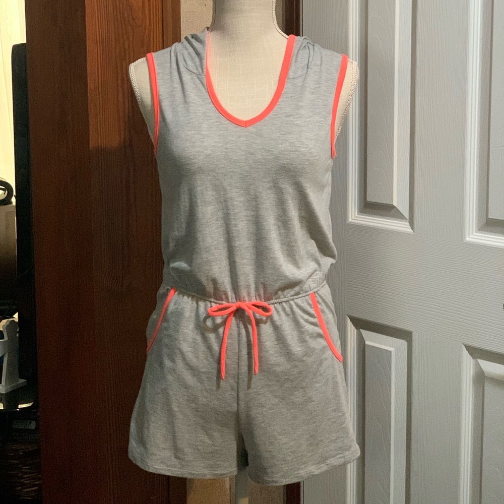 Gray and coral romper with hoodie